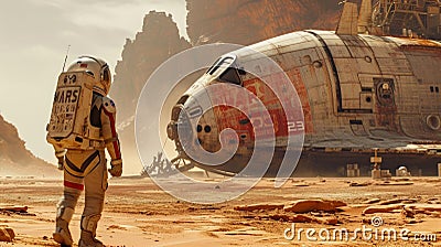 Astronaut looks at old spacecraft on Mars, scene with spaceman and abandoned Martian spaceship. Concept of planet, science, space Stock Photo