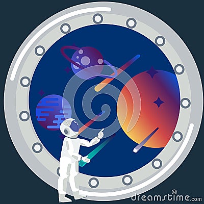Astronaut looks out the window. The theme of space travel. In minimalist style Cartoon flat Vector Vector Illustration