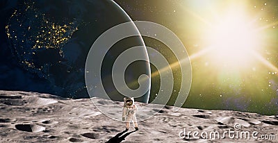 Astronaut looks up at an alien sun that illuminates the barren world he stands on. Elements of this image furnished by NASA Stock Photo