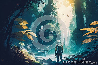 Astronaut lost in awe near broken spaceship in deep tropical foggy wet jungle. Generative Ai Stock Photo