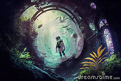 Astronaut lost in awe near broken spaceship in deep tropical foggy wet jungle. Generative Ai Stock Photo