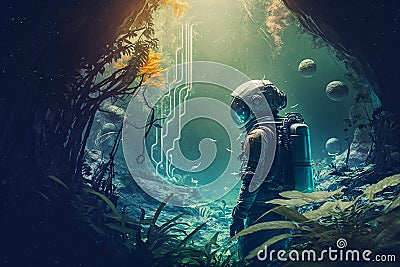 Astronaut lost in awe near broken spaceship in deep tropical foggy wet jungle. Generative Ai Stock Photo