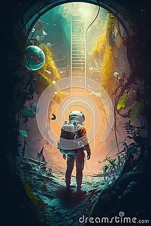 Astronaut lost in awe near broken spaceship in deep tropical foggy wet jungle. Generative Ai Stock Photo