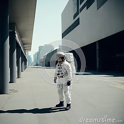 Astronaut lost on the empty street in urban environment, generative ai Cartoon Illustration