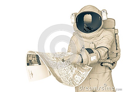 Astronaut lost and trying to read a map Cartoon Illustration