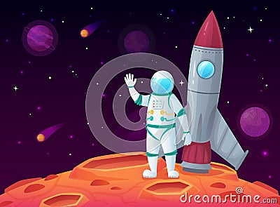 Astronaut in lunar surface. Rocket spaceship, space planet and outerspace travel spacecraft vector cartoon illustration Vector Illustration