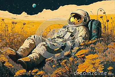 Astronaut is lying down on the meadow. Abstract picture in the style of post-impressionism. Generative AI Stock Photo