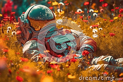 Astronaut lying in flower field. Created with Generative AI Stock Photo