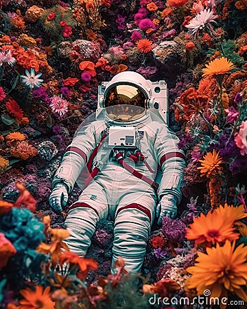 Astronaut lying in flowers Stock Photo