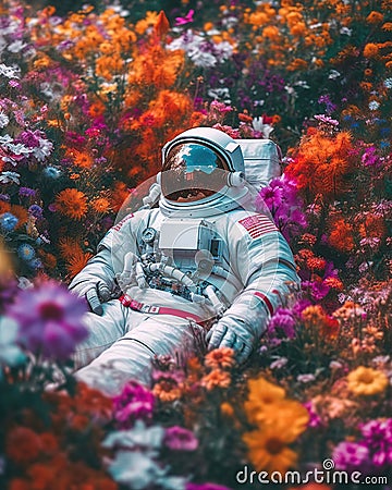 Astronaut lying in flowers Stock Photo