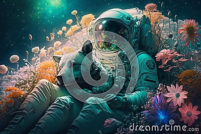 An astronaut lying on flowers with dog generative AI Stock Photo