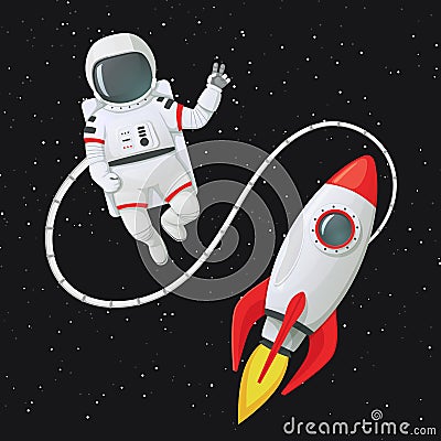 Astronaut making peace sign tethered to the rocket ship with stars in the background Vector Illustration