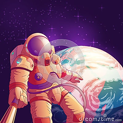 Astronaut making selfie in outer space vector Vector Illustration