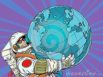 Astronaut man holds in his hands the planet earth science ecology humanity Vector Illustration