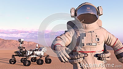 Astronaut with mars rover, cosmonaut next to robotic space autonomous vehicle on a deserted planet, close up, 3D render Stock Photo