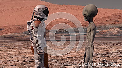 Astronaut meets a Martian on Mars. First contact. Alien on Mars. Exploring mission to mars. Colonization and space exploration Stock Photo