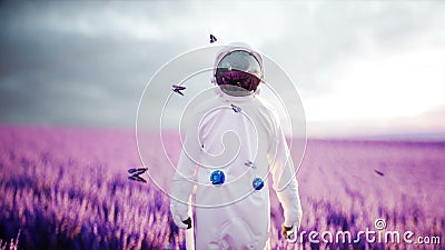 Astronaut met vlinders op lavendelgebied Concept toekomst uitzendings Realistische 4k animatie vector illustratie Astronaut met vlinders op lavendelgebied Concept toekomst uitzendings Realistische 4k animatie vector illustratie