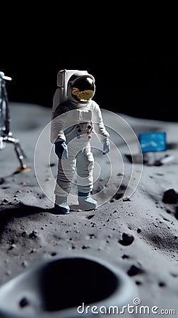 Astronaut miniature walking on the lunar surface with a planet in the background. 16:9 mobile phone wallpaper. Generative AI Stock Photo