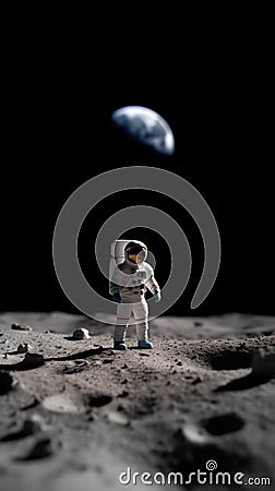 Astronaut miniature walking on the lunar surface with a planet in the background. 16:9 mobile phone wallpaper. Generative AI Stock Photo