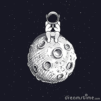 Astronaut with mobile phone on moon Vector Illustration