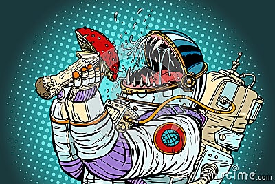 Astronaut monster eats Fly agaric. Greed and hunger of mankind c Vector Illustration