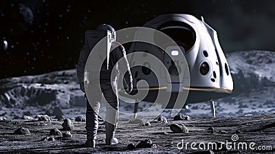 Astronaut on the moon approaching a lunar lander, space exploration concept Cartoon Illustration