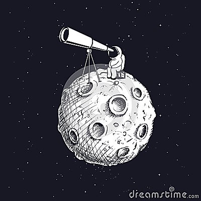 Astronaut on Moon looks through the telescope Vector Illustration