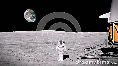 Astronaut on the moon near the lander salutes. 3D Rendering Stock Photo