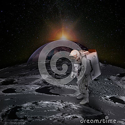 Astronaut on moon surface with space background. Stock Photo