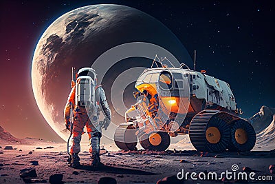 Astronaut and moonwalker on the planet. Cartoon Illustration