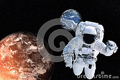 Astronaut near Planets Earth and Mars Stock Photo