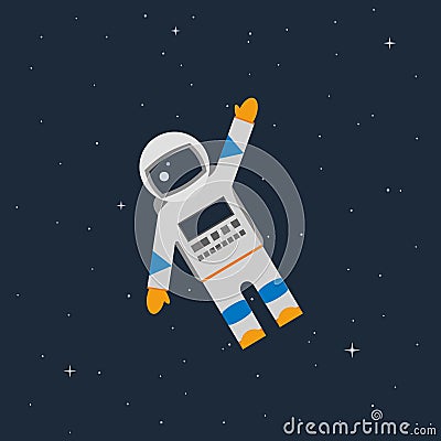 Astronaut in the open space waves his hand Vector Illustration