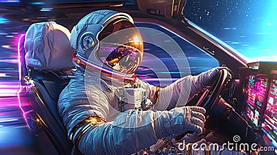 Astronaut operates control interface in futuristic vehicle during deep space simulation Stock Photo