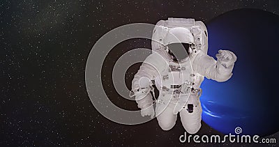 Astronaut in outer space in a front of Neptune planet Stock Photo