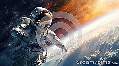 Astronaut in outer space with planet earth as backdrop Stock Photo