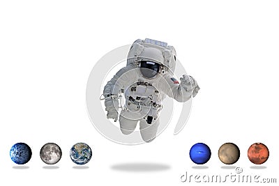 Astronaut in outer space with planets. Minimal art. Stock Photo