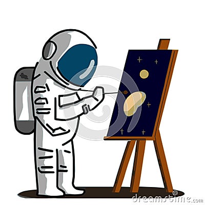 Astronaut painting outer space on easel vector graphics Stock Photo