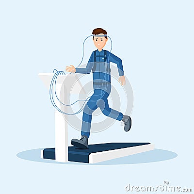 Astronaut physical test flat vector illustration. Spaceman, cosmonaut space station training, using treadmill exercise Vector Illustration