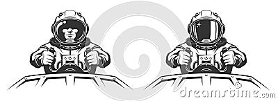 Astronaut pilot in spacesuit controls spaceship. Vector Illustration