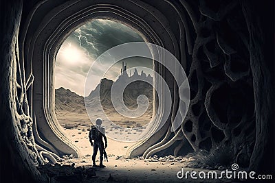 Astronaut on planet in deep space, lonely spaceman looks at alien building, generative AI Stock Photo