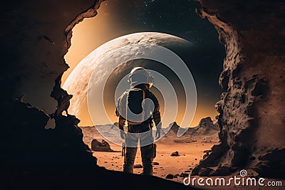 Astronaut on planet in deep space, An astronaut standing on a planet in deep space, looking at an alien building Stock Photo