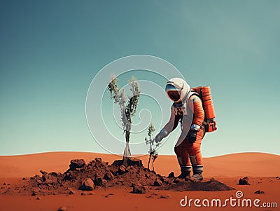 Astronaut Plants a Tree on the Planet Mars Stock Photo