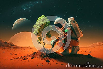 Astronaut Plants a Tree on the Red Planet Mars. Generative AI Cartoon Illustration