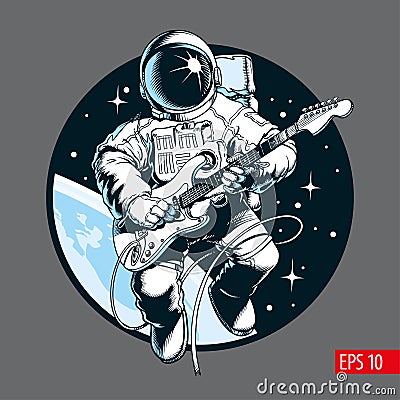 Astronaut playing electric guitar in space. Space tourist. Vector illustration Vector Illustration