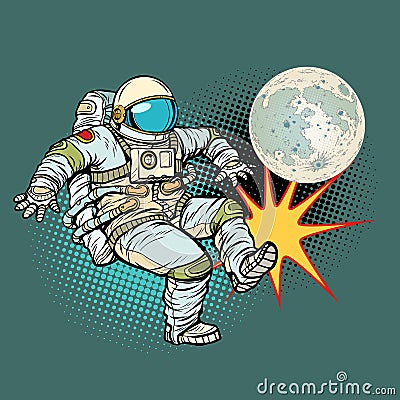 Astronaut plays football with the Moon Vector Illustration