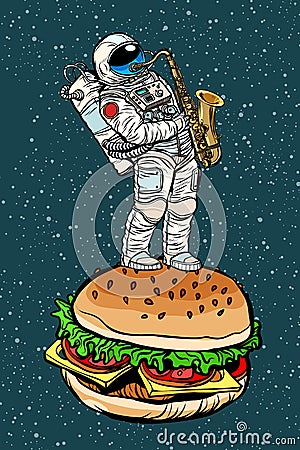 Astronaut plays saxophone on a Burger Vector Illustration