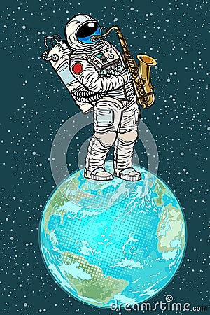 Astronaut plays saxophone on planet earth Vector Illustration