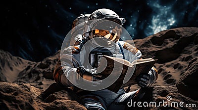 Astronaut Reading a Book on Rocky Terrain Under Moonlight Stock Photo