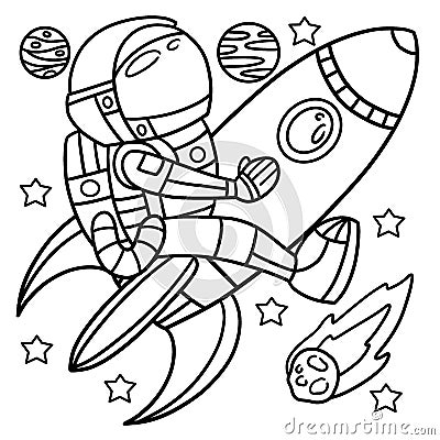 Astronaut Riding On A Rocket Ship Coloring Page Vector Illustration