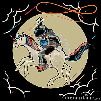 Astronaut riding a unicorn on the moon cartoon character vector flat illustration. Magic space cosmonaut with fairytale animal. Vector Illustration